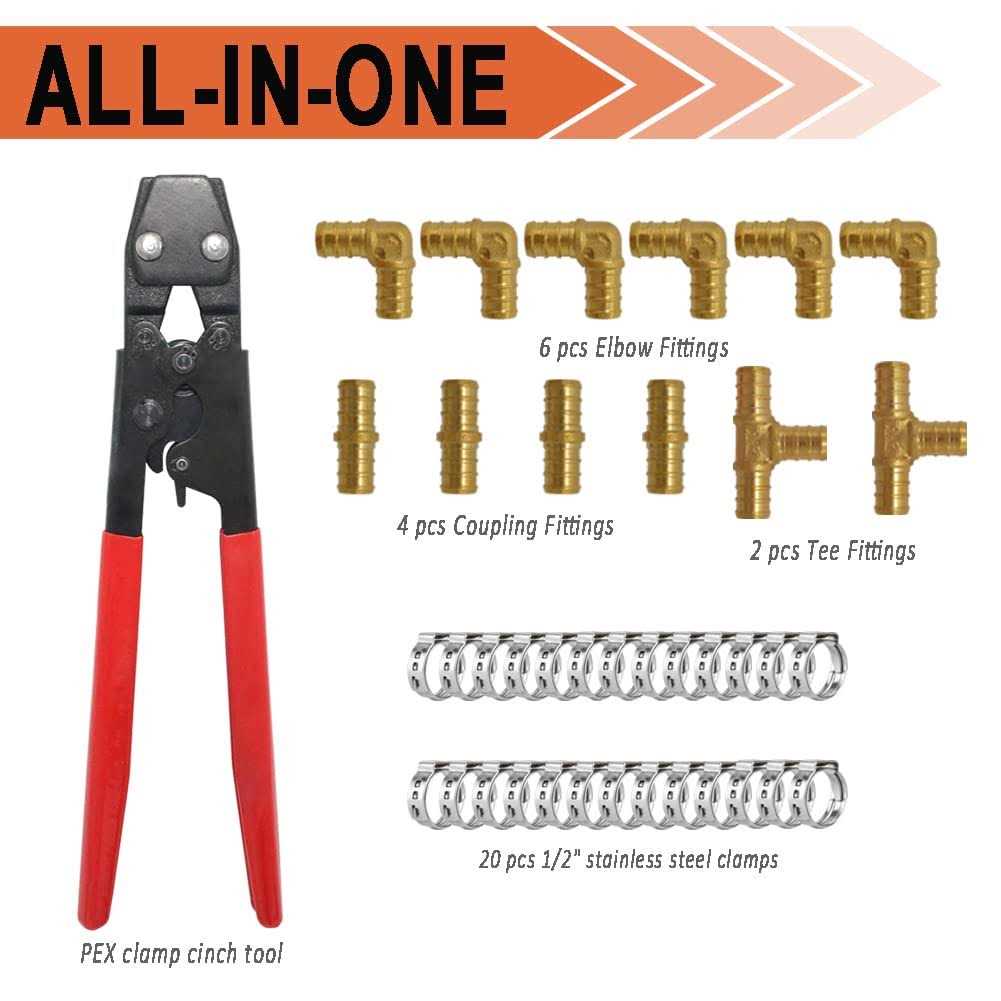 Brass PEX Fittings All in One Kit with 12 Pcs 1/2 Tee Elbow Coupling Pipe Fittings,PEX Cinch Clamp Fastening Tool and 26 Pcs 1/2 PEX Clamps - Cheap Fitting