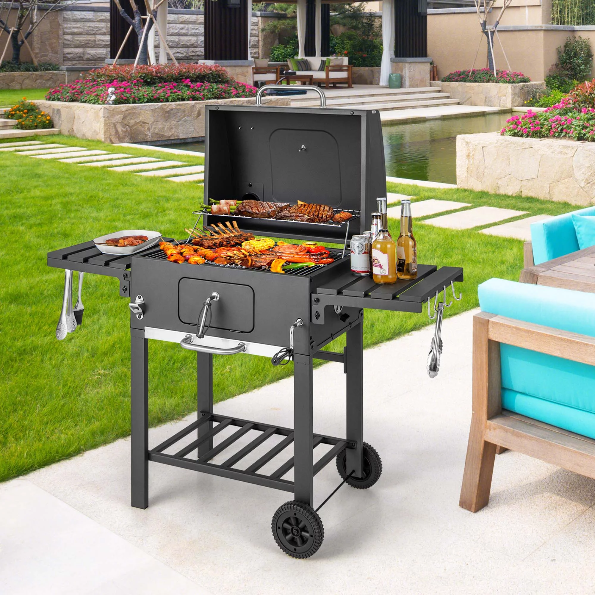 Costway Outdoor Charcoal Grill 391 sq.in. Cooking Area 2 Foldable Side Table BBQ Camping - Cheap Fitting