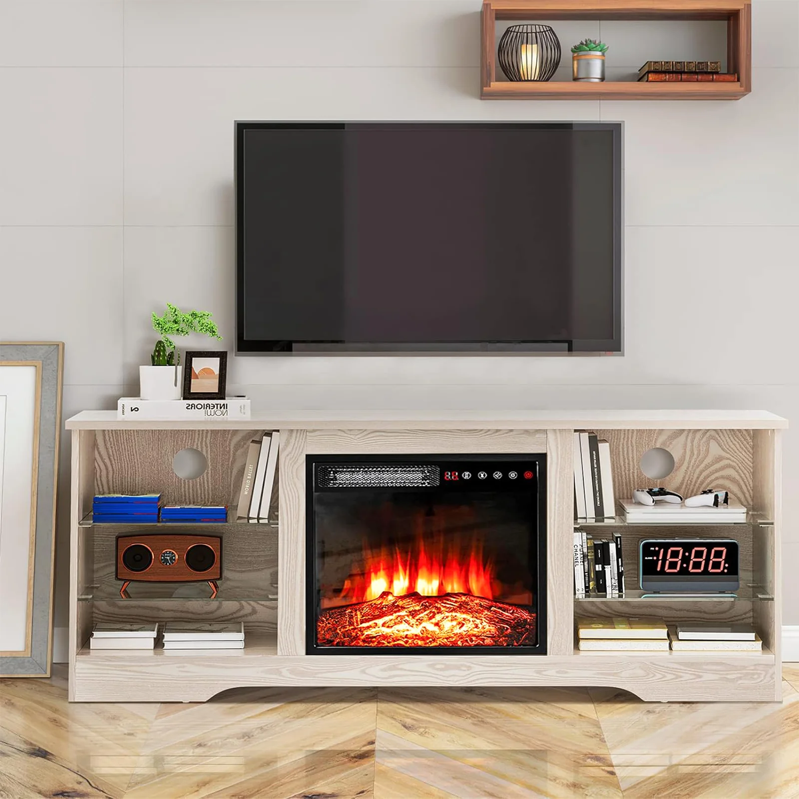 Waleaf Fireplace TV Stand with 18'' Fireplace for TVs up to 65 inch, Two Adjustable Glass Shelves - Cheap Fitting