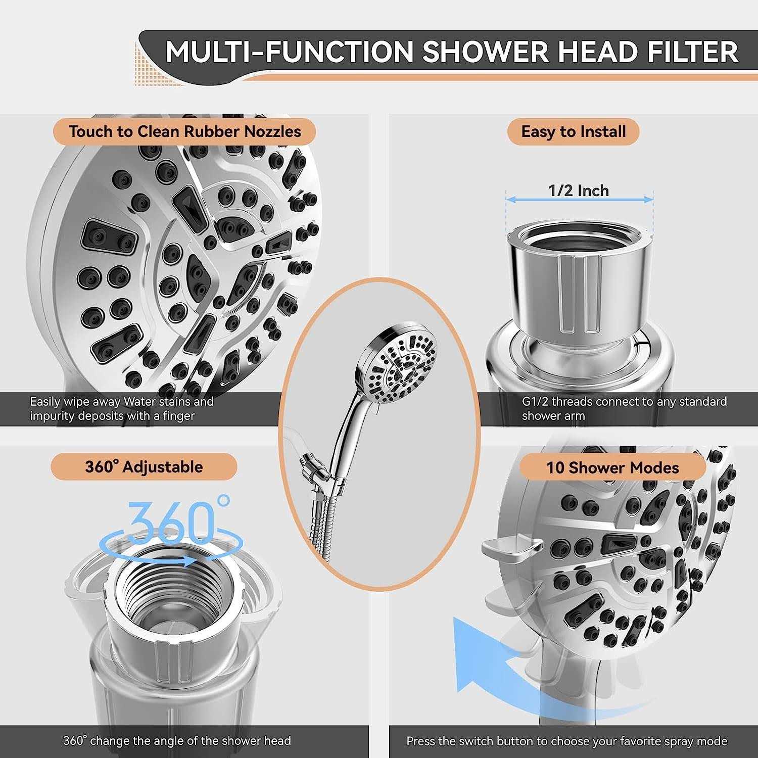JNILE Filtered Shower Head, 15 Stage Handheld Shower Head Filter for Hard Water, 10 Modes High Pressure Shower Head with 60 Hose and Bracket - Cheap Fitting