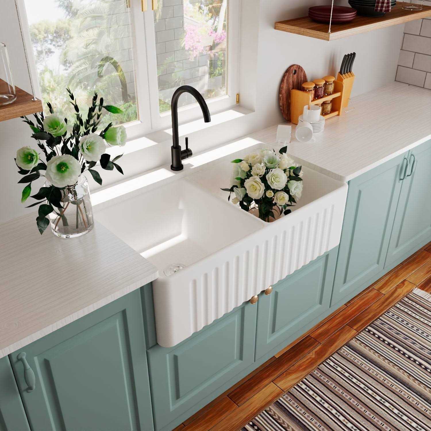 DeerValley DV-1K028 Eclipse 33 L x 18 W Dual Basin White Ceramic Farmhouse Kitchen Sink - Cheap Fitting