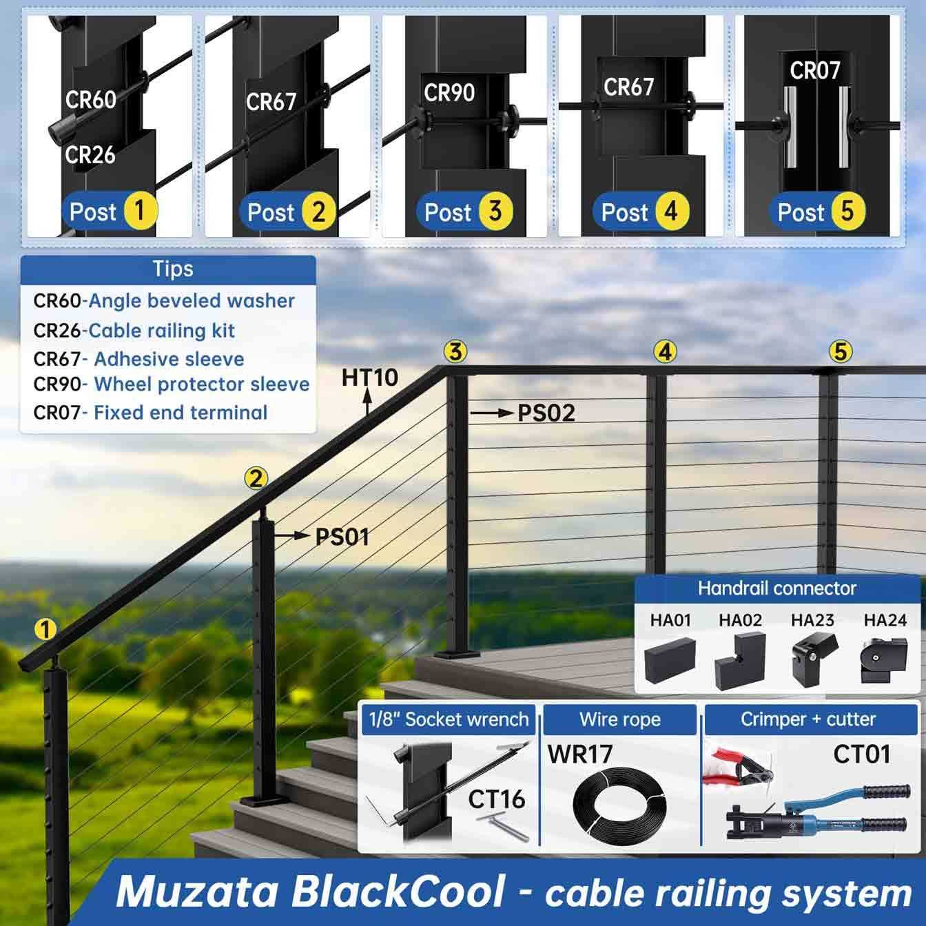 Muzata Level drilled Cable Railing Post 36x2x2 Adjustable Top Stainless Steel - Cheap Fitting