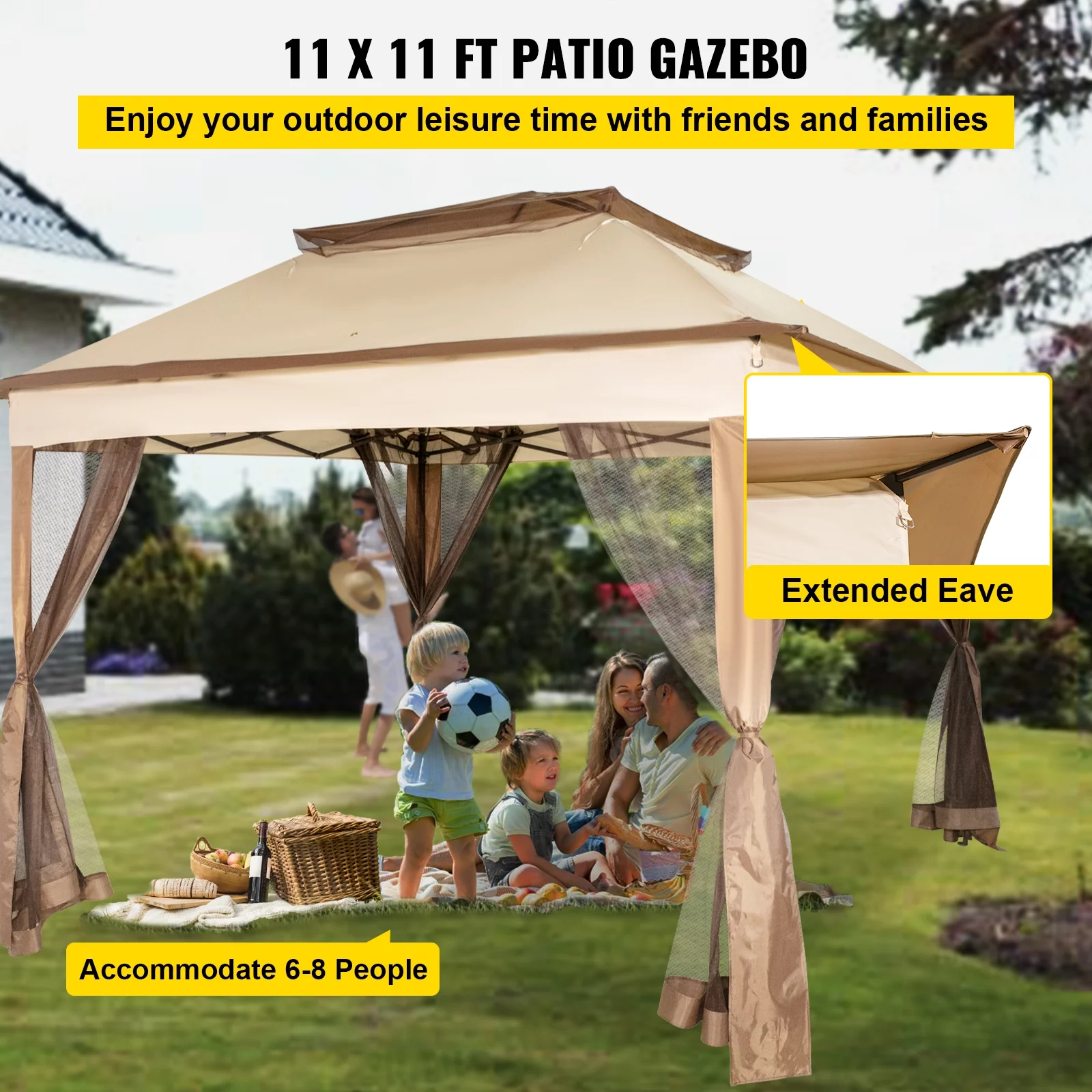 VEVORbrand 10x10ft Outdoor Canopy Gazebo with Four Sandbags - Gazebo with Netting, Waterproof and UV Protection - Patio Gazebo Brown for Backyard, Outdoor, Patio and Lawn - Cheap Fitting