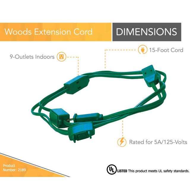 Woods 2189 15-Foot 9-Outlet Indoor Extension Cord Christmas or Holiday Lights - Cheap Fitting