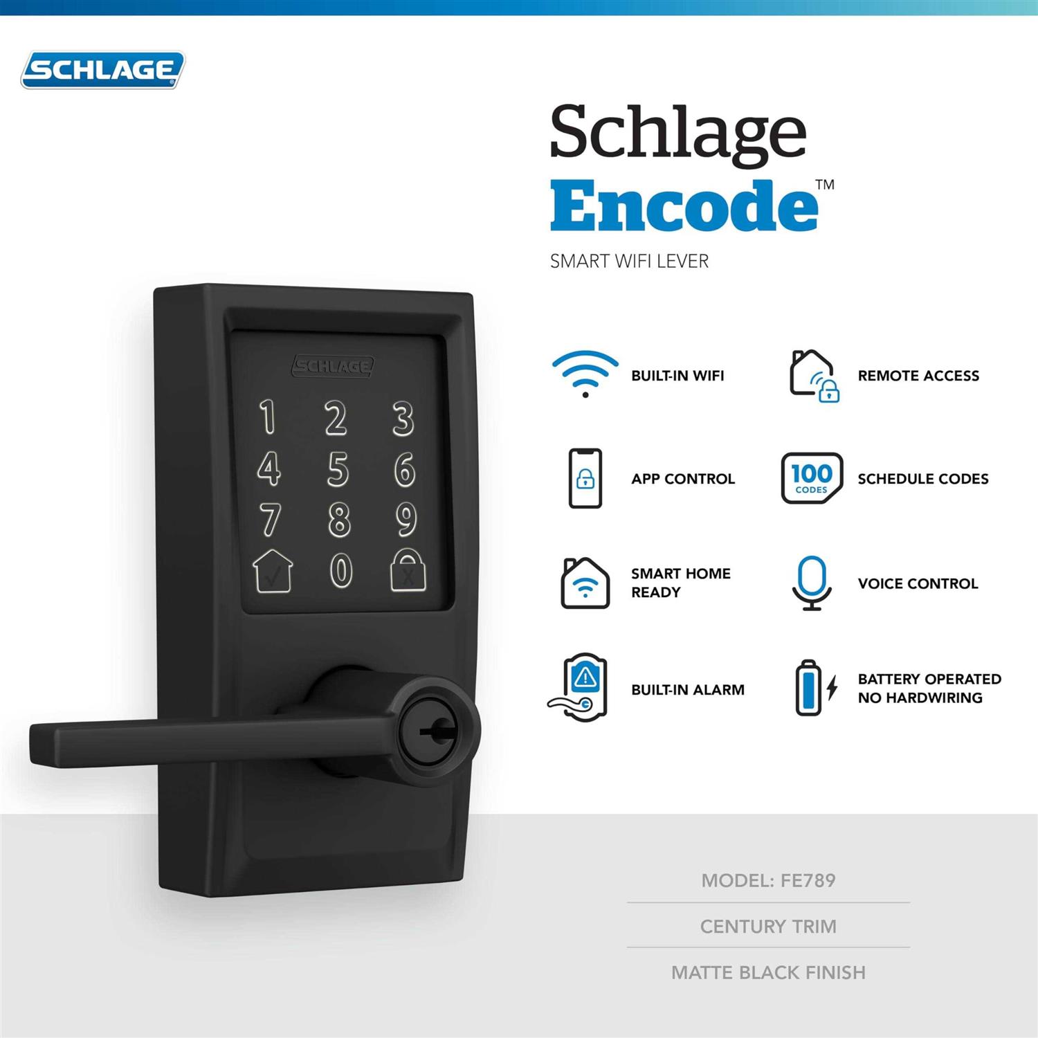 Schlage FE789WB-CEN-LAT Encode WiFi Enabled Electronic Keypad Latitude Door Lever with Century Trim - Cheap Fitting