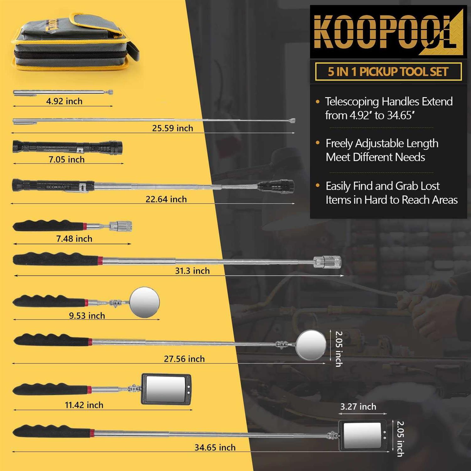 KOOPOOL Telescoping Magnetic Pickup Tool Set-Extendable Magnet Flashlight with Inspection Mirror - Cheap Fitting