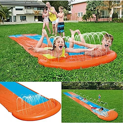 Double Racing Lane Slip and Slides for Kids, 16 Foot Giant Splash Sprint Inflatable Water Slide Long Large Thick Surfing Waterslide Watersports Built in Sprinkler for Outdoors Backyard - Cheap Fitting