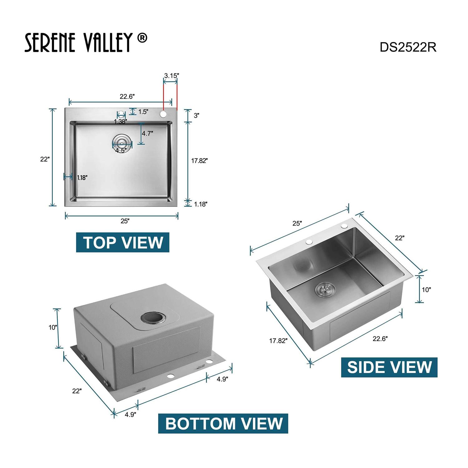 Serene Valley Stainless Steel Dual Mount Kitchen Sink with Rear Drain and Grids - Cheap Fitting