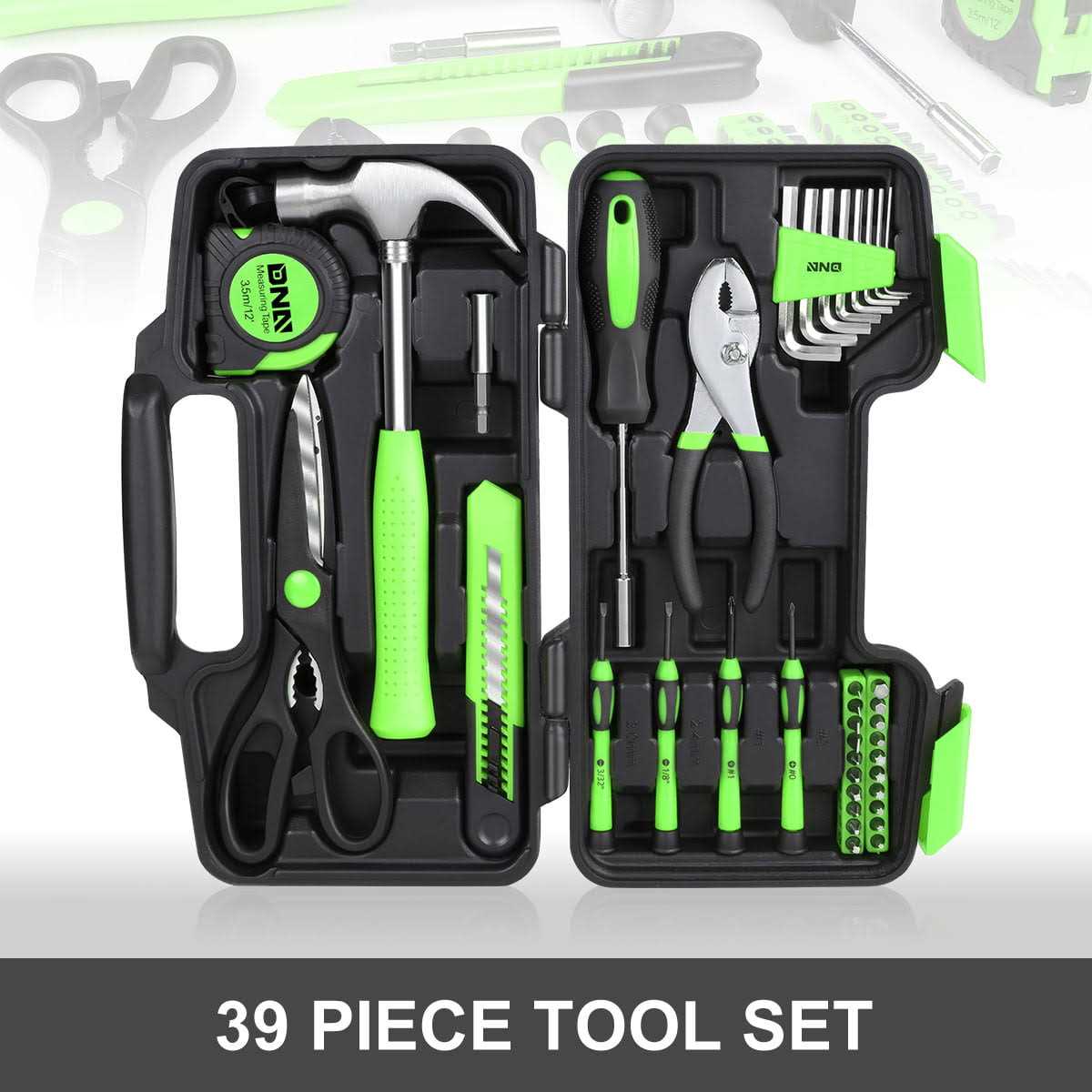 Dna Motoring Tools-00010 Green 39 PCs Portable Tool Kit Household Hand Toolbox General Repair Screwdriver Pliers Hammer Hex Set - Cheap Fitting