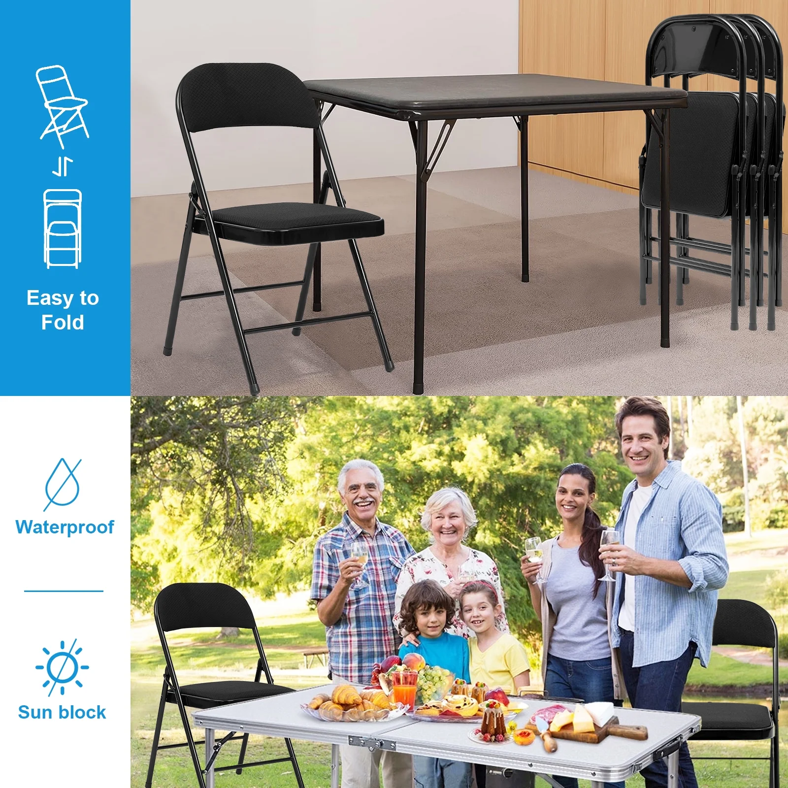 SUGIFT Fabric Padded Folding Chair Portable Dining Chairs 6 Pack, Black - Cheap Fitting