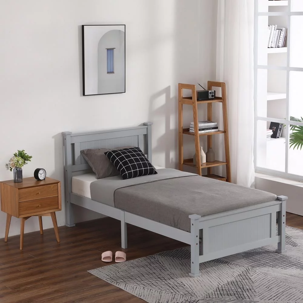 Ktaxon Twin Bed Frame,Solid Pine Wood Twin Platform Bed Frame, Bedroom Twin Bed with Headboard for Adults, Gray, 75.04