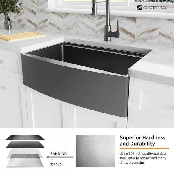 Glacier Bay Gunmetal Black Stainless Steel Single Bowl Farmhouse Workstation Kitchen Sink with Black Faucet - Cheap Fitting