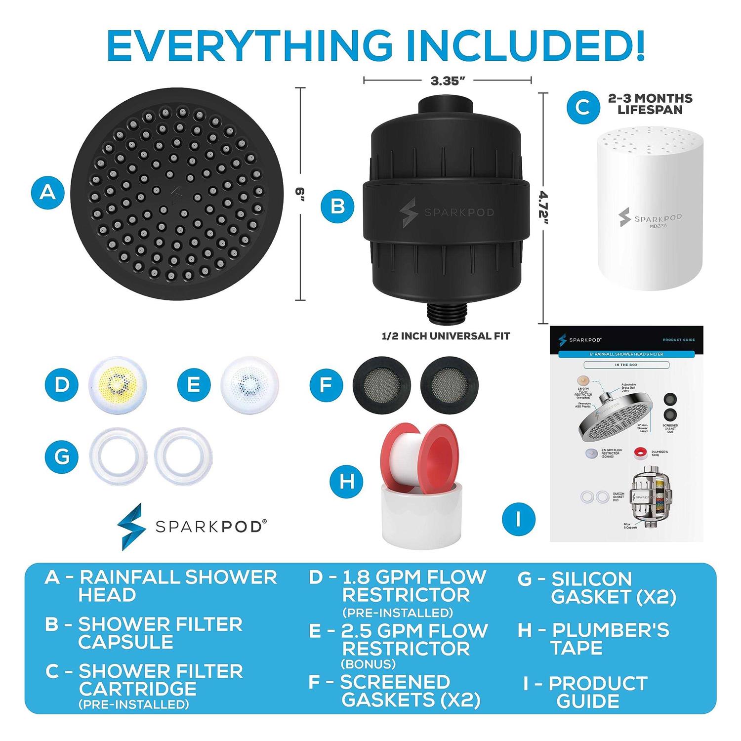 SparkPod Luxury Filtered Shower Head Set 23 Stage Shower Filter Removes Chlorine and Heavy Metals - Cheap Fitting