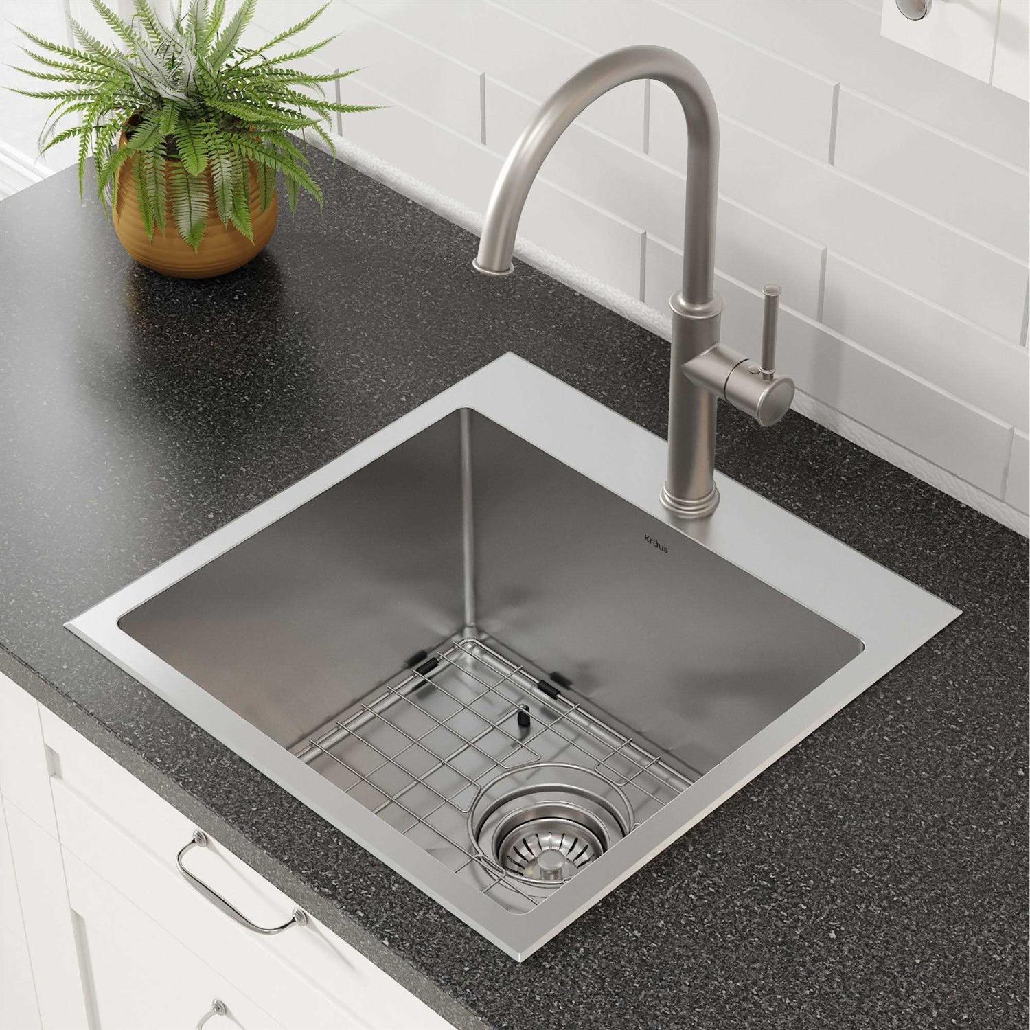 Kraus 18 x 18 inch Standart PRO Drop-In Topmount 16 Gauge Single Bowl 1-Hole Stainless Steel Kitchen Sink KHT301-18 - Cheap Fitting