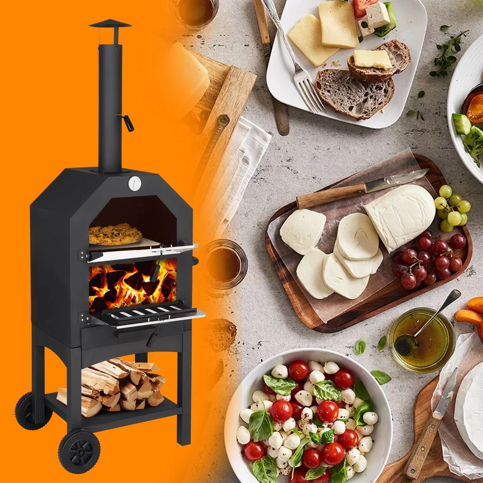 SamyoHome Outdoor Pizza Oven Wood Fired Pizza Maker Ovens with Pizza Stone & Pizza Peel & Grill Rack & 2 Removable Wheels - Cheap Fitting