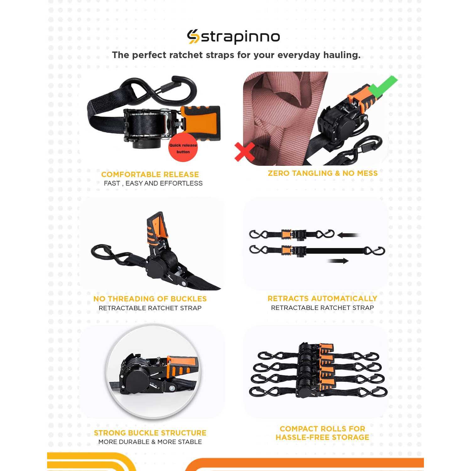 Strapinno Retractable Ratchet Straps 1 in x Secure Tie-downs with Rubber-coated Handles - Cheap Fitting
