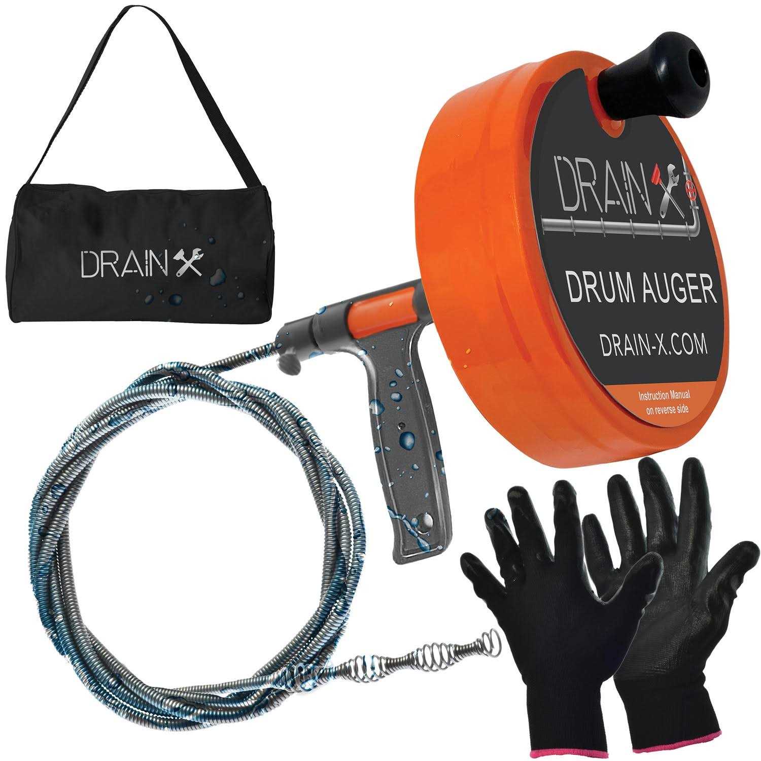 Drainx Heavy-Duty-Steel Pro Drum Drain Auger, 25 Ft., with Work Gloves and Carrying Pouch - Cheap Fitting