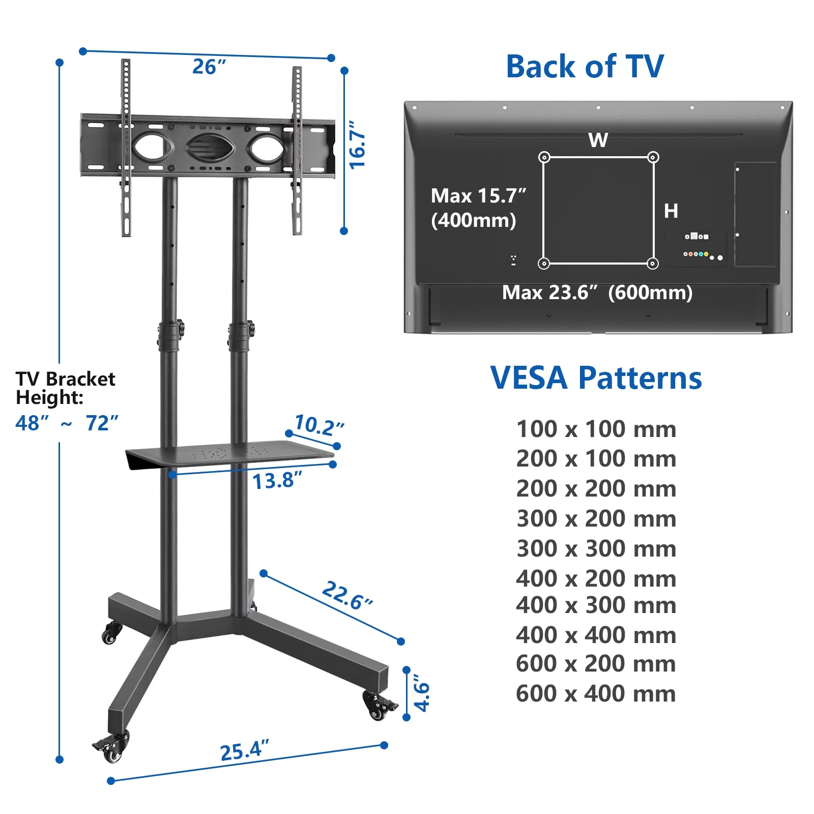 Black Mobile TV Stand Cart on Wheels for 32 to 75 inch TVs - Cheap Fitting