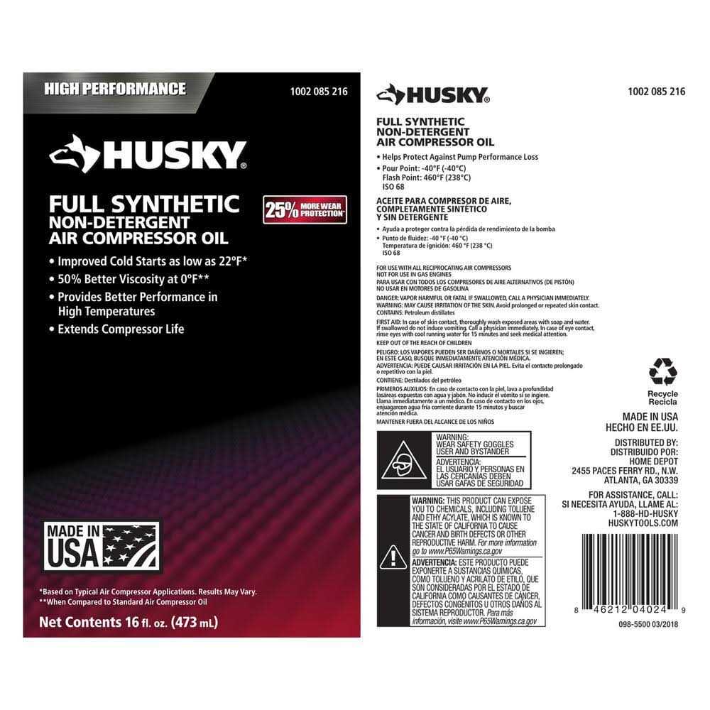 Husky 16 oz. 100% Full Synthetic Compressor Oil 0180083H - Cheap Fitting