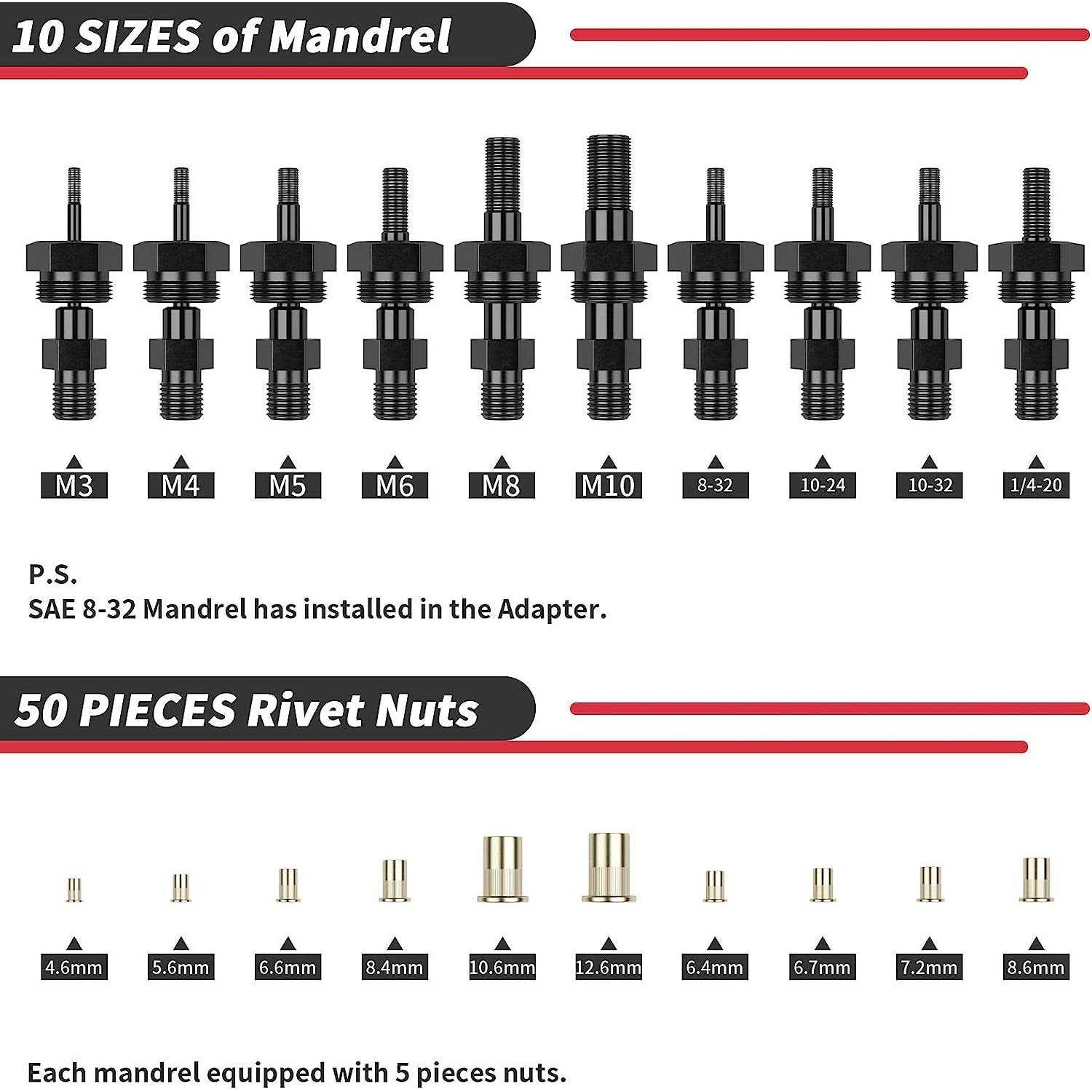 Cordless Drill Electric Rivet Gun Adapter Rivet Nut Drill Adapter Kit Including 10 Mandrel And 50Pcs Assorted Rivet Nuts - Cheap Fitting