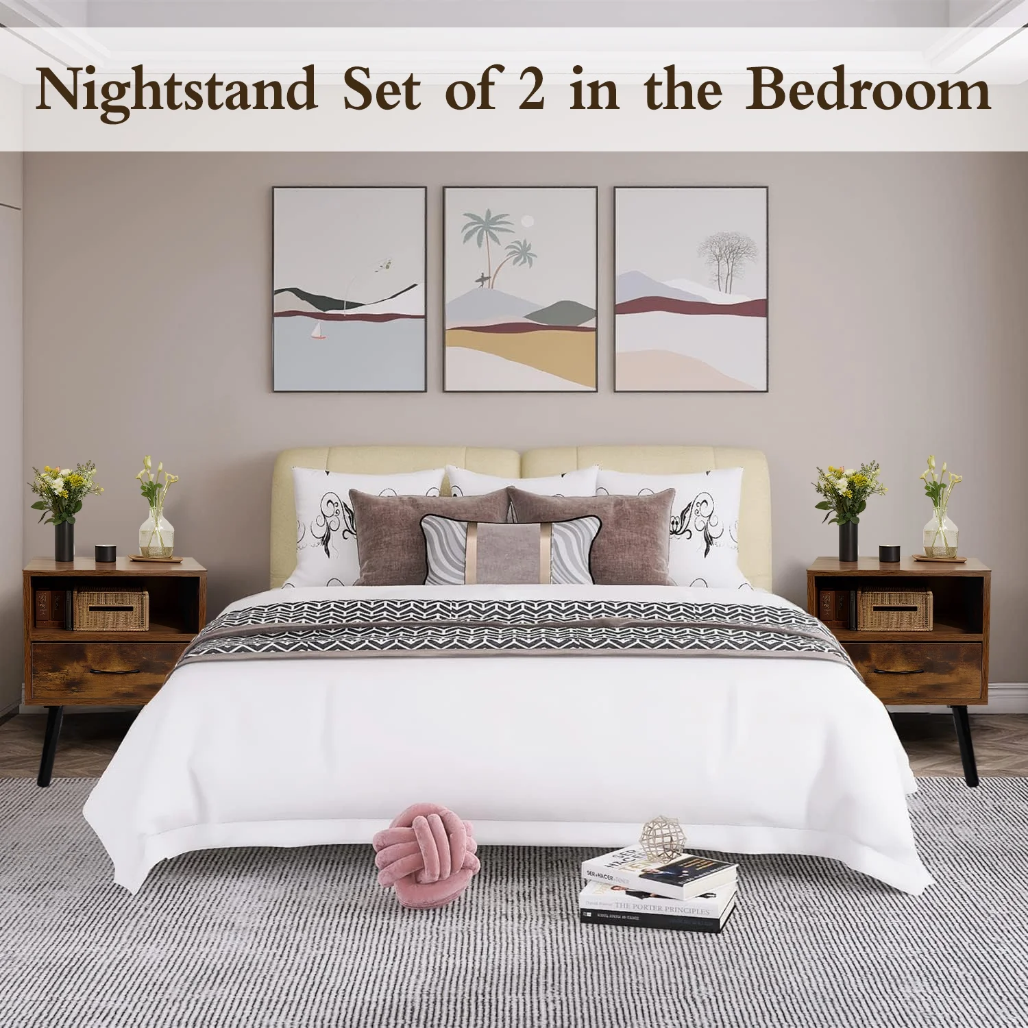 Nightstand Set of 2, Sesslife Modern Bedside Table Sofa End Table with Drawer and Shelf, Versatile Nightstand Side Table Set for Bedroom Sofa Entryway, Wood Frame and Metal Legs, Brown - Cheap Fitting