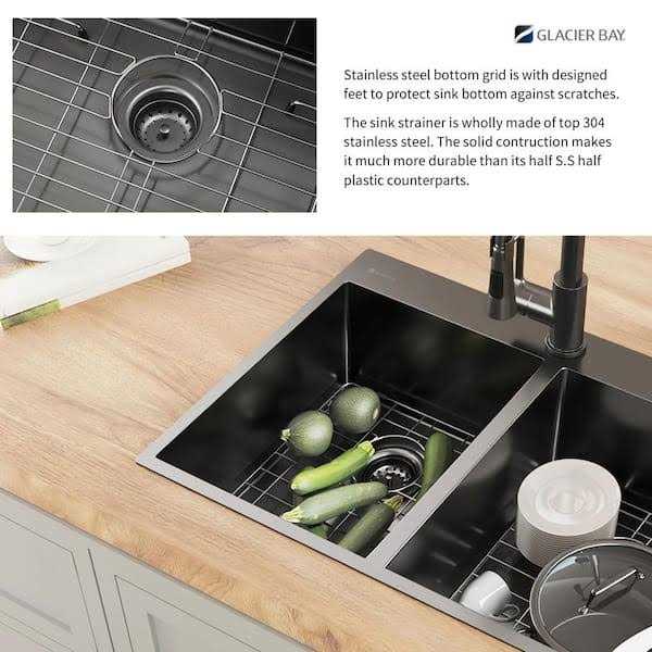Glacier Bay Gunmetal Black Stainless Steel 33 in. 18 Gauge Double Bowl Drop Kitchen Sink - Cheap Fitting