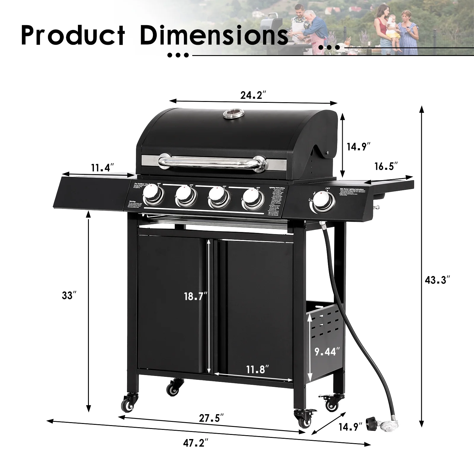 Magic Union 4-Burner Propane Gas Grill with Side Burner and Stainless Steel Grates 50,000 BTU Outdoor Cooking BBQ Grills Cart - Cheap Fitting