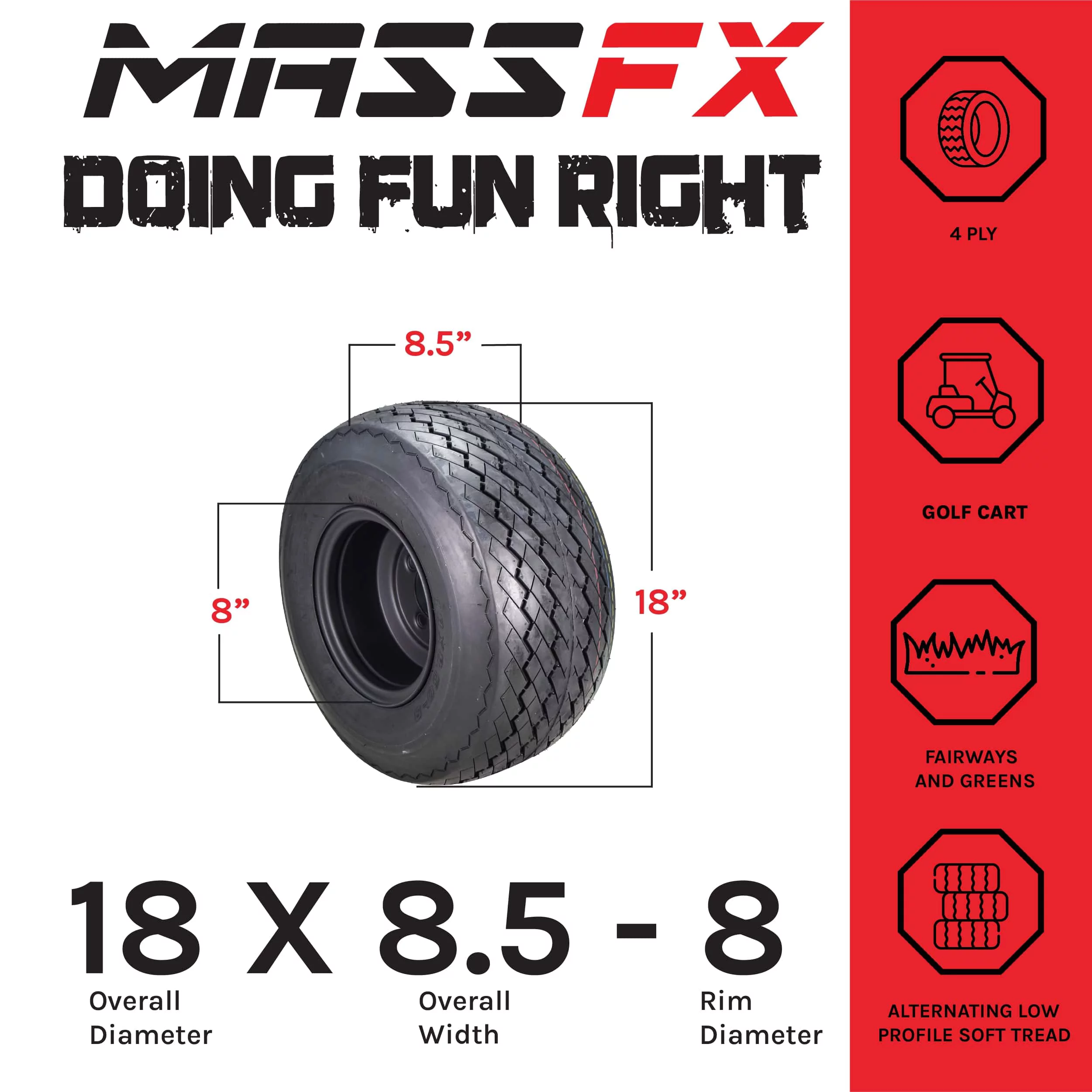 MASSFX 18x8.5-8 Golf Cart, Turf, Lawn & Garden Tire 4 Ply & 4/4 Matt Black Wheel Assembled Kit 18x8.5x8 - Cheap Fitting