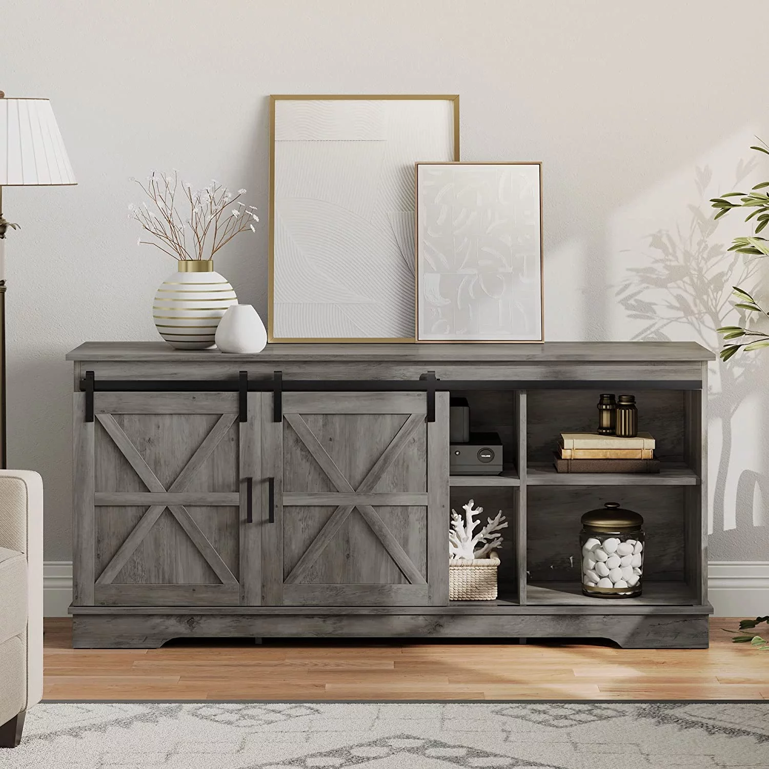 DEXTRUS Rustic TV Stand for 65 Inch TV, Entertainment Center with Sliding Barn Door, Wood TV Media Console for Living Room, Grey - Cheap Fitting