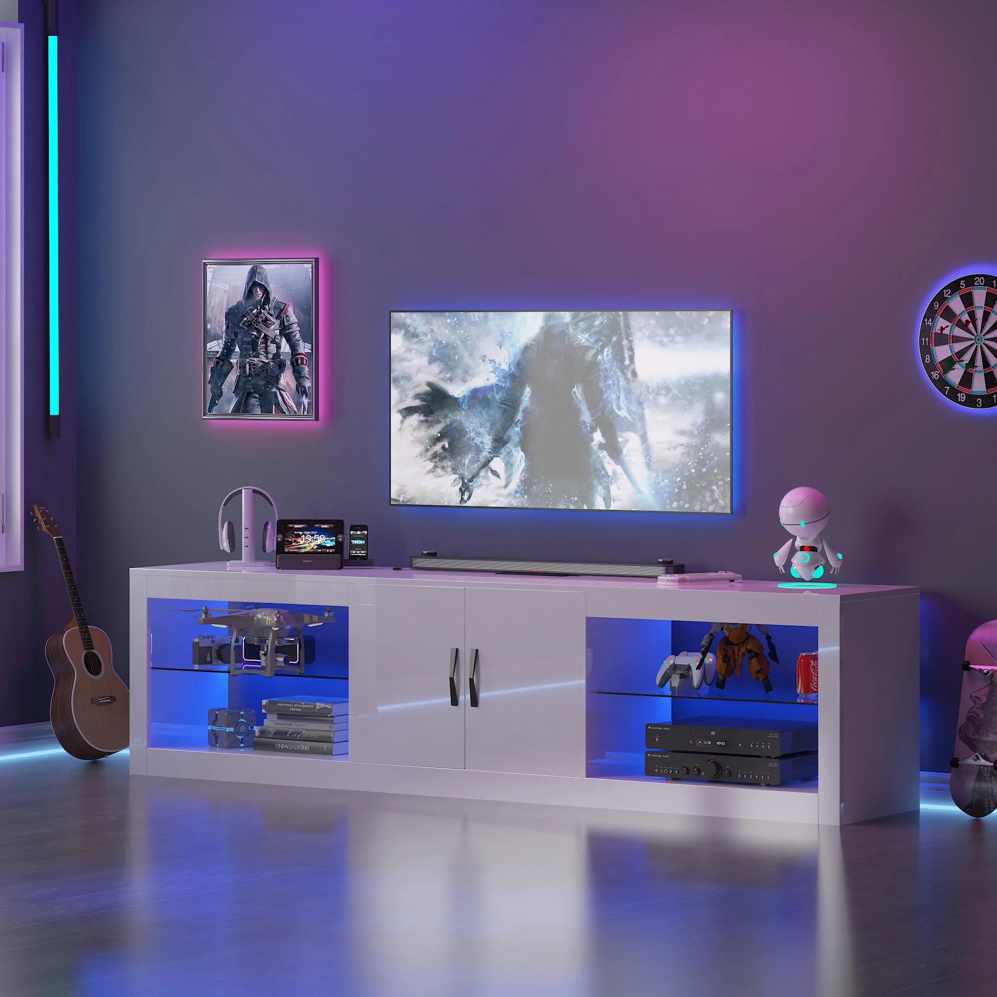 Chvans Led TV Stand for 80/75/65 Inch TV with Power Outlet & USB Ports, Large Modern Entertainment Center with Adjustable Glass Shelves & 2 Cabinets, White - Cheap Fitting