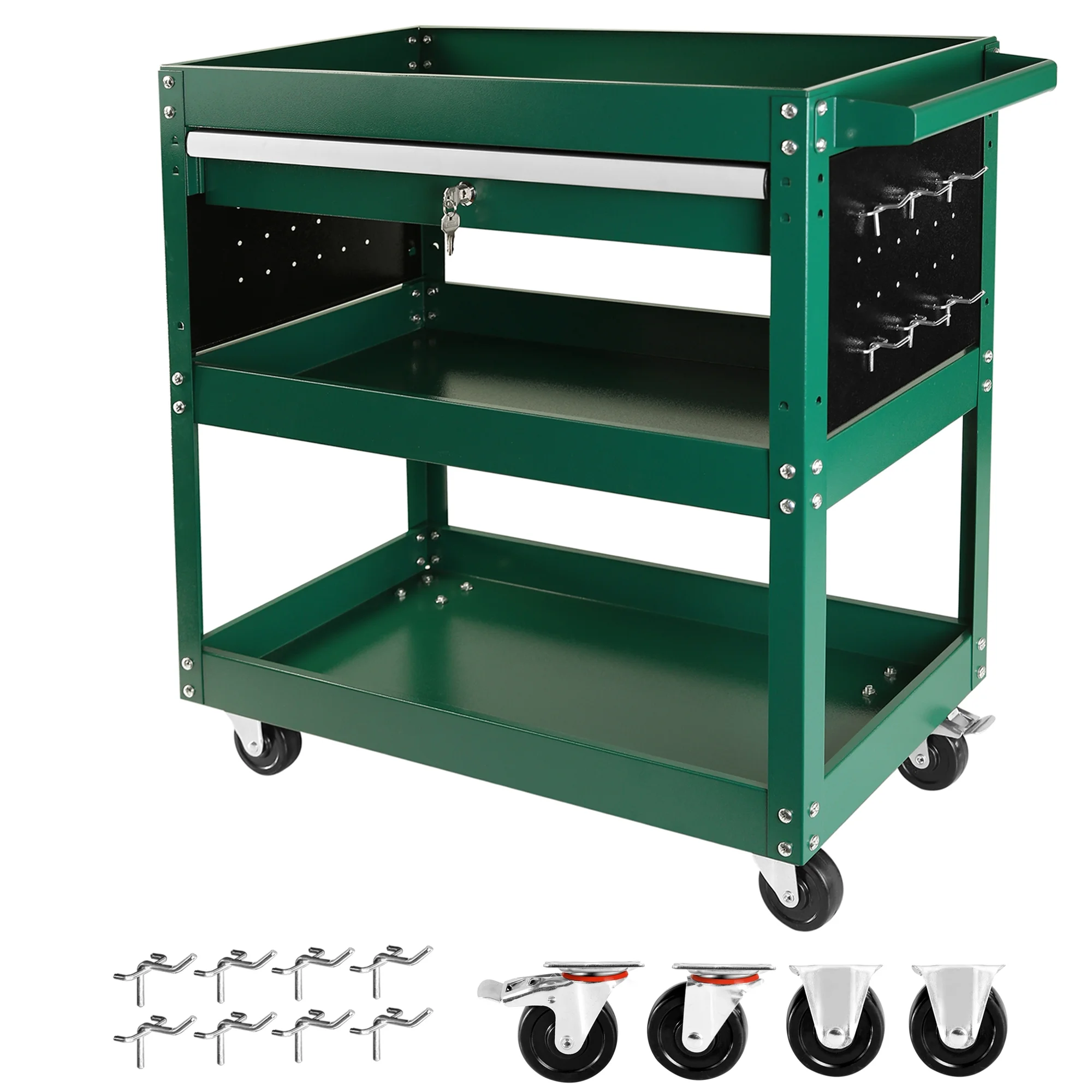 Rolling Tool Cart with Drawer, Seizeen Heavy Duty Utility Cart on Wheels, Garage Workshop Tool Organizer, 3 Tray, 1 Lockable Drawer, 6 Side Hooks - Cheap Fitting