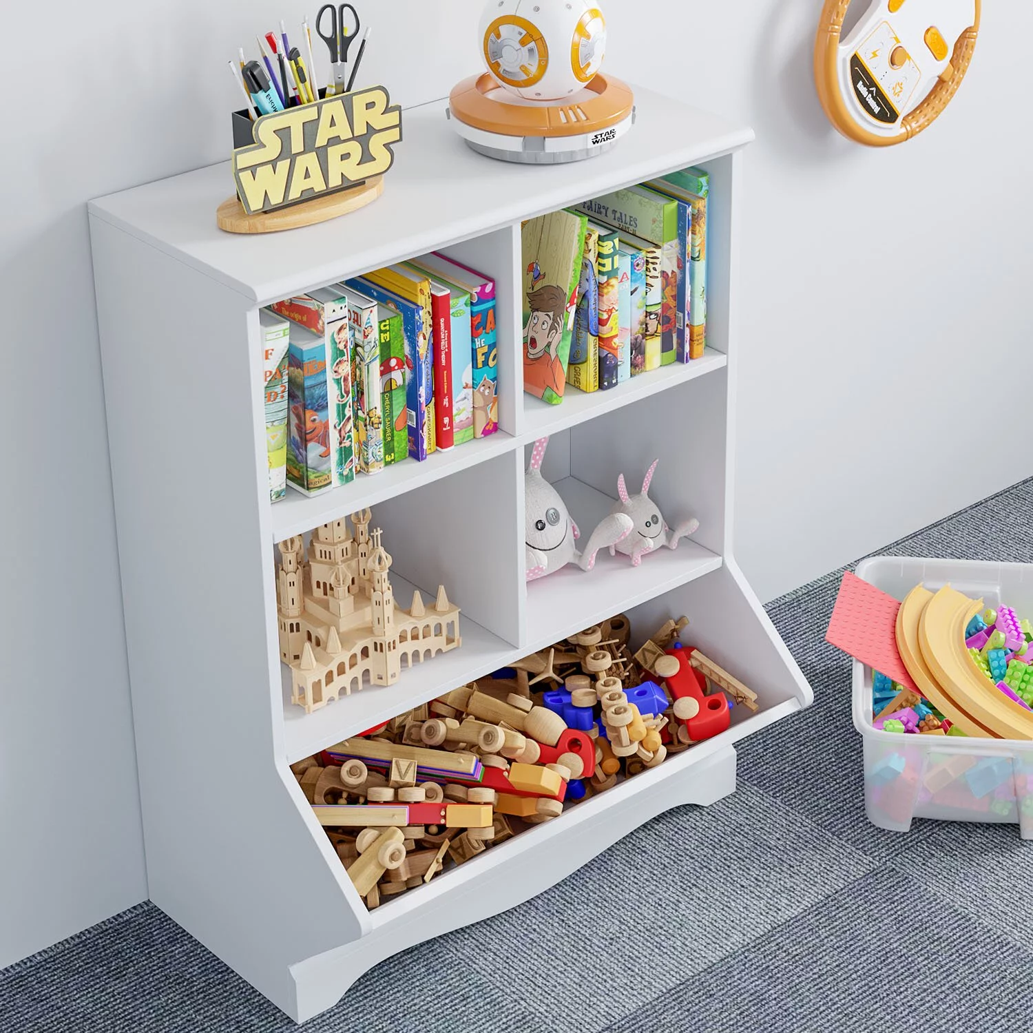 Homfa Kid's Cubby Toy Storage Cabinet, Wood Toy Organizer of 5 Bins, Children's White Bookcase, Toy Chest for Bedroom Living Room - Cheap Fitting