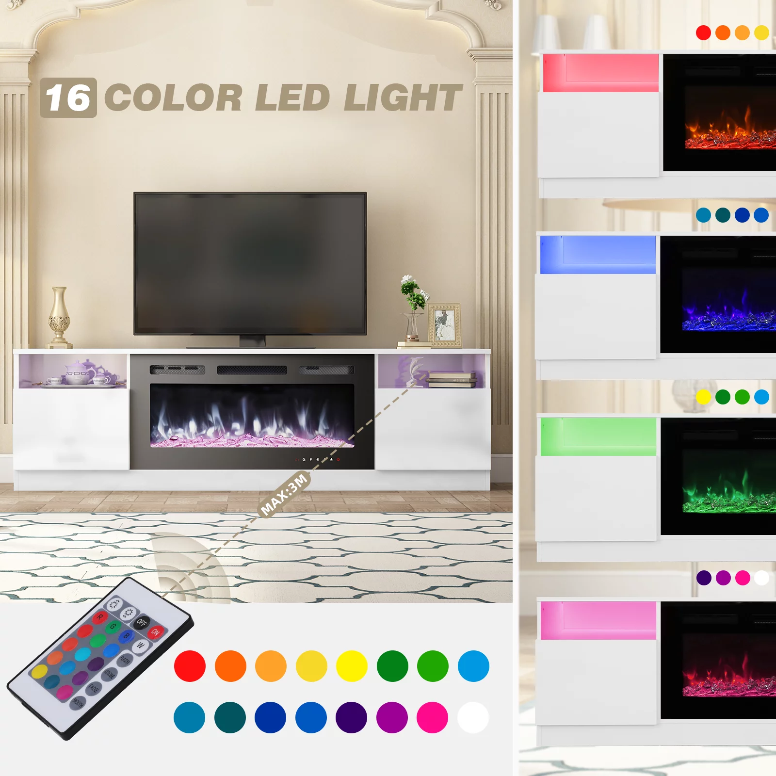 Hommow 70'' Fireplace TV Stand with 36'' Electric Fireplace, Entertainment Center with 16 Color Led Lights, TV Console for TVs up to 80'' for Living Room, White - Cheap Fitting