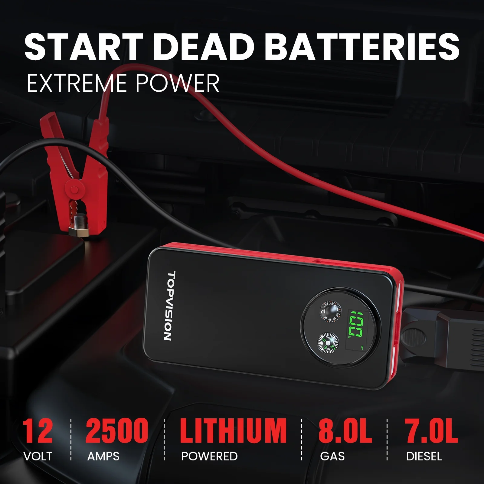 TOPVISION 2500A Car Jump starter Powerful Car Jump Starter with Dual USB Quick Charge and DC Output,12V Jump Pack with Built-in LED Bright Light - Cheap Fitting