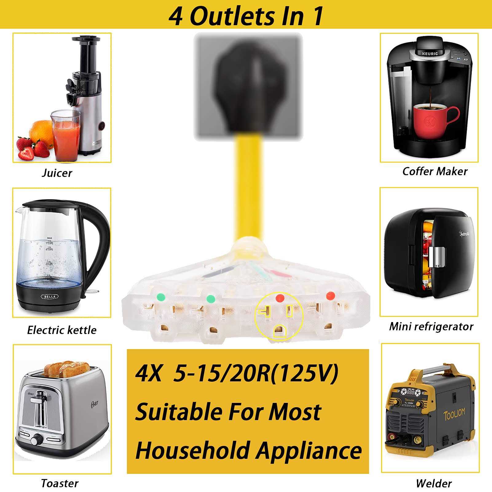 50 Amp to 110V 20 Amp RV Adapter Cord 4 Prong NEMA 14-50P Male Plug to 4X 5-20R Household Outlet Female Connectors Adapter Cord with Dust - Cheap Fitting