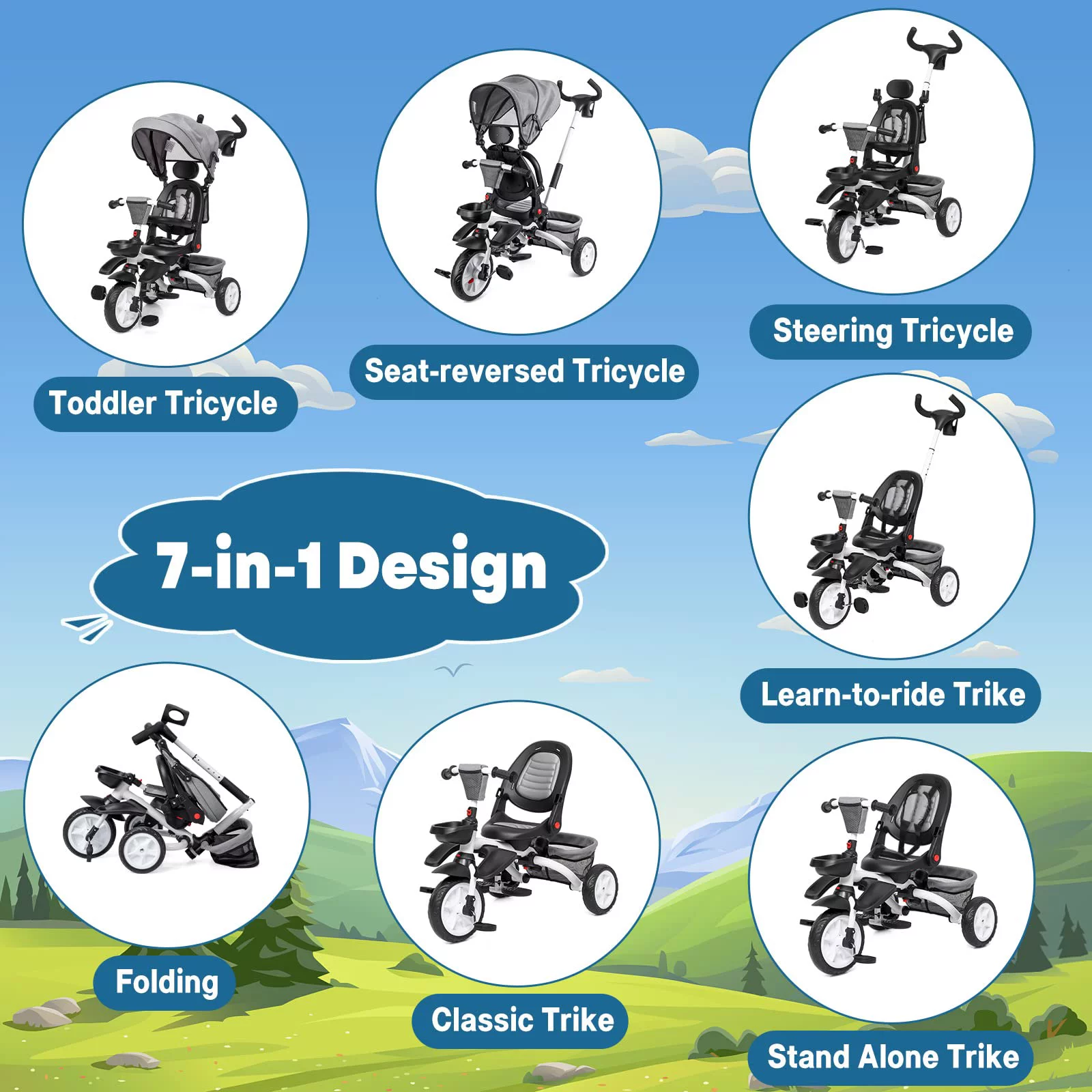 Baby Tricycle 7 in 1,Folding Toddler Trike W/Adjustable Removable Push Handle,Safety Harness,Brake ,Rotatable Seat, Adjustable Canopy, Storage, Cup Holder,Tricycle for 1-5 Year Old Toddlers (Gray) - Cheap Fitting