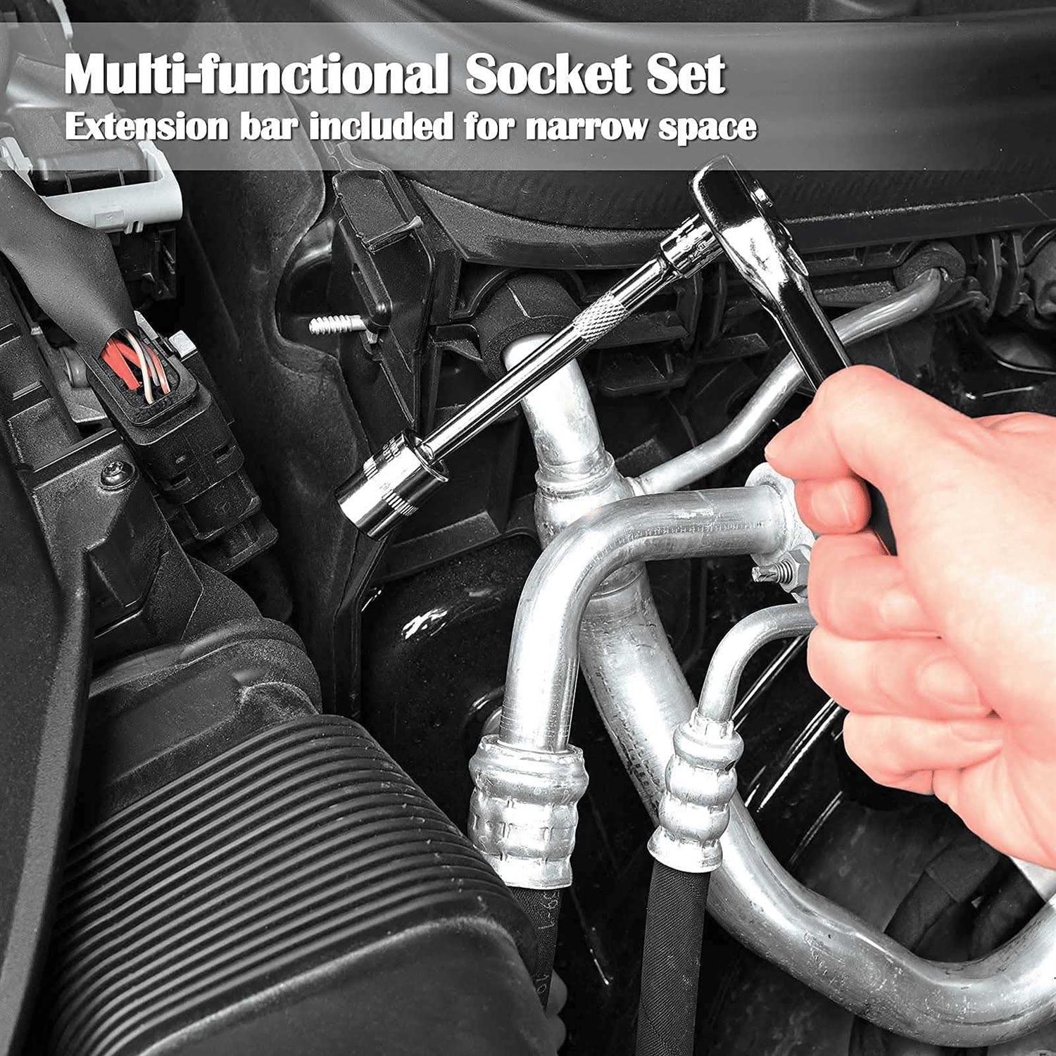 Goxawee 46 Pieces 1/4 inch Drive Socket Ratchet Wrench Set, with Bit Socket Set Metric and Extension Bar for Auto Repairing and Household - Cheap Fitting