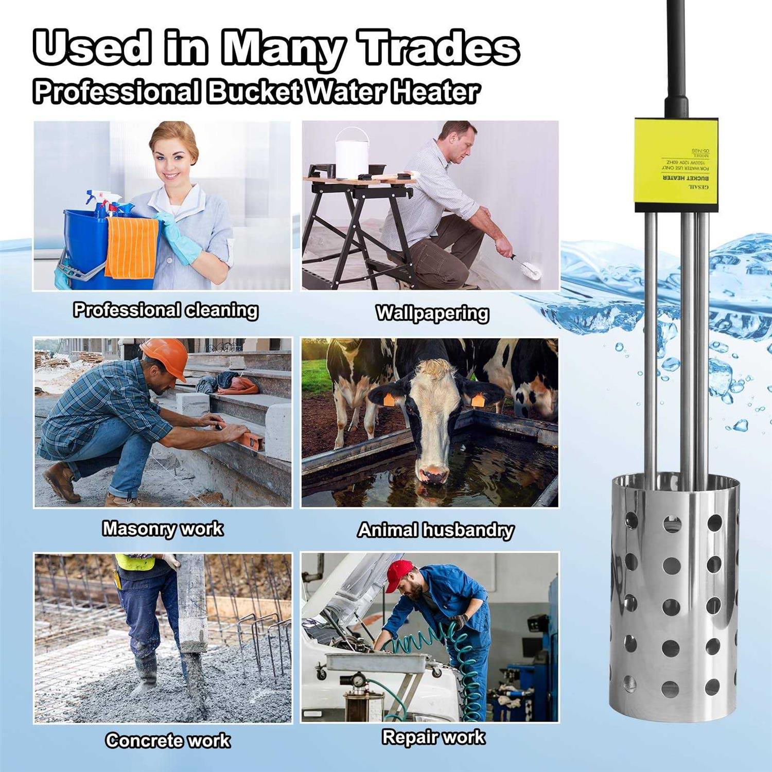 1500W Immersion Heater, GESAIL Bucket Water Heater with 304 Stainless-Steel Guard, Submersible Bucket Heater with Thermostat and Auto Shutoff - Cheap Fitting