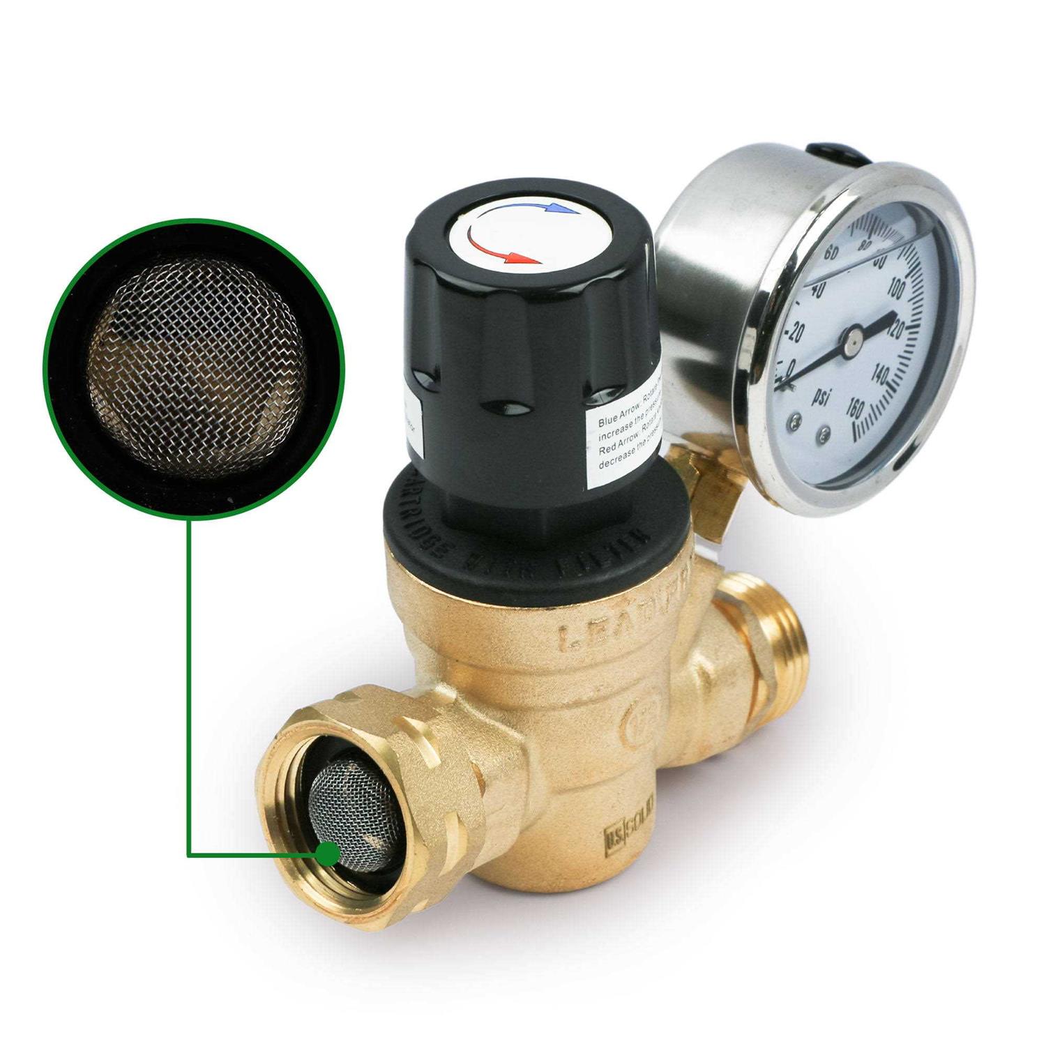 U.S. Solid Water Regulator Valve 3/4 NH Brass Thread RV Pressure Regulator with Pressure Gauge and Water Filter - Cheap Fitting