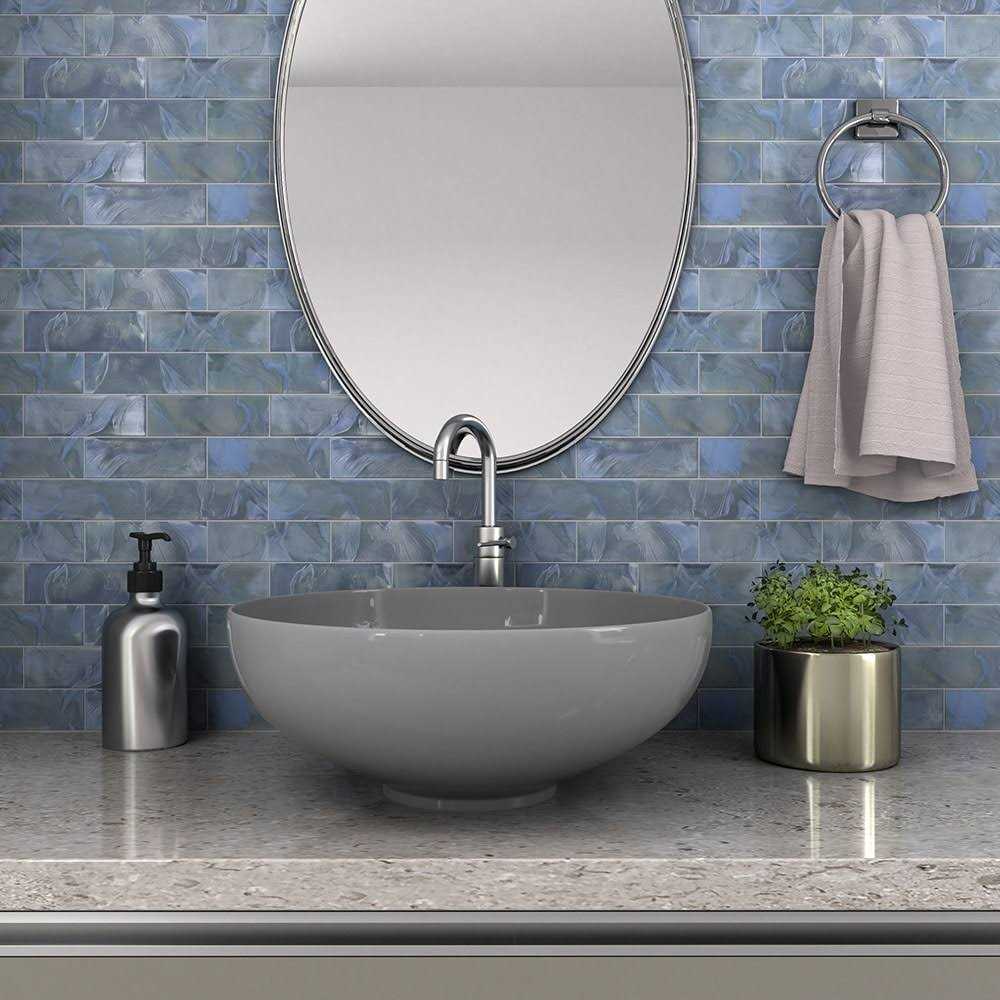Elida Ceramica Blue 12-in x 12-in Glossy Glass Brick Subway Wall Tile LW0319031 - Cheap Fitting