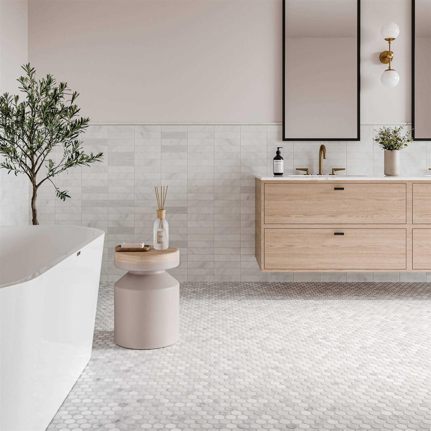 Bedrosians Monet White 11-in x 12-in Honed Natural Stone Marble Penny Round Marble Look Floor and Wall Tile - Cheap Fitting