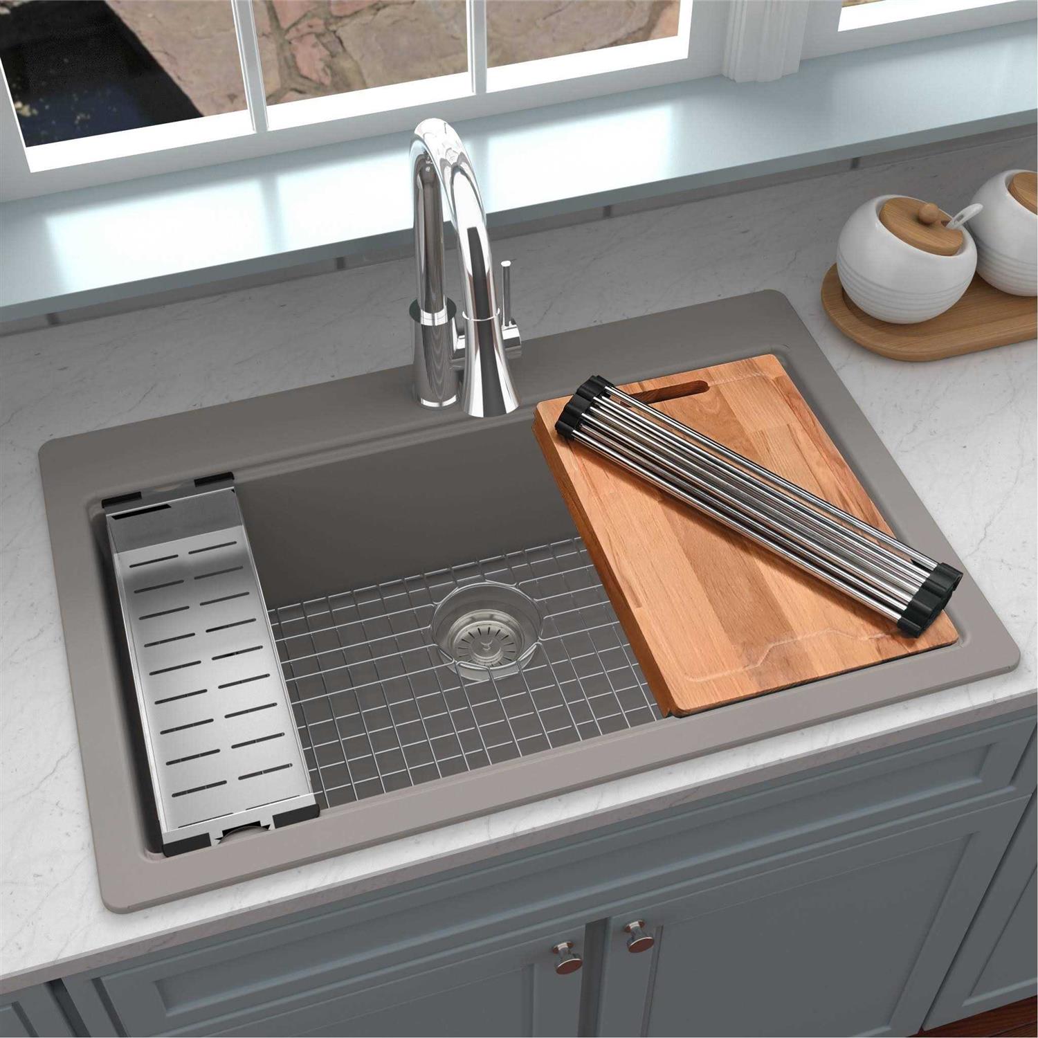 Karran QTWS 875 Quartz 33 In. Single Bowl Drop-In Workstation Kitchen Sink QTWS-875 - Cheap Fitting