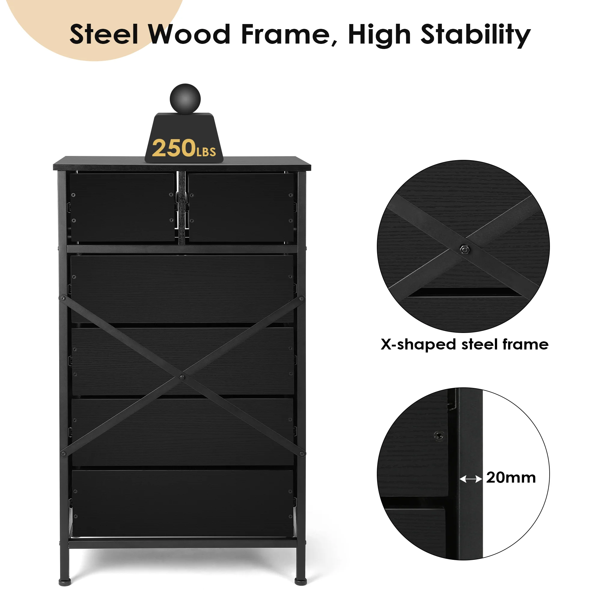 Chest of 6 Drawers, Drawer Dresser storage organizer for Bedroom, Living Room, Hallway, Nursery, Storage Cabinet Wooden Dresser with Steel Frame,White - Cheap Fitting