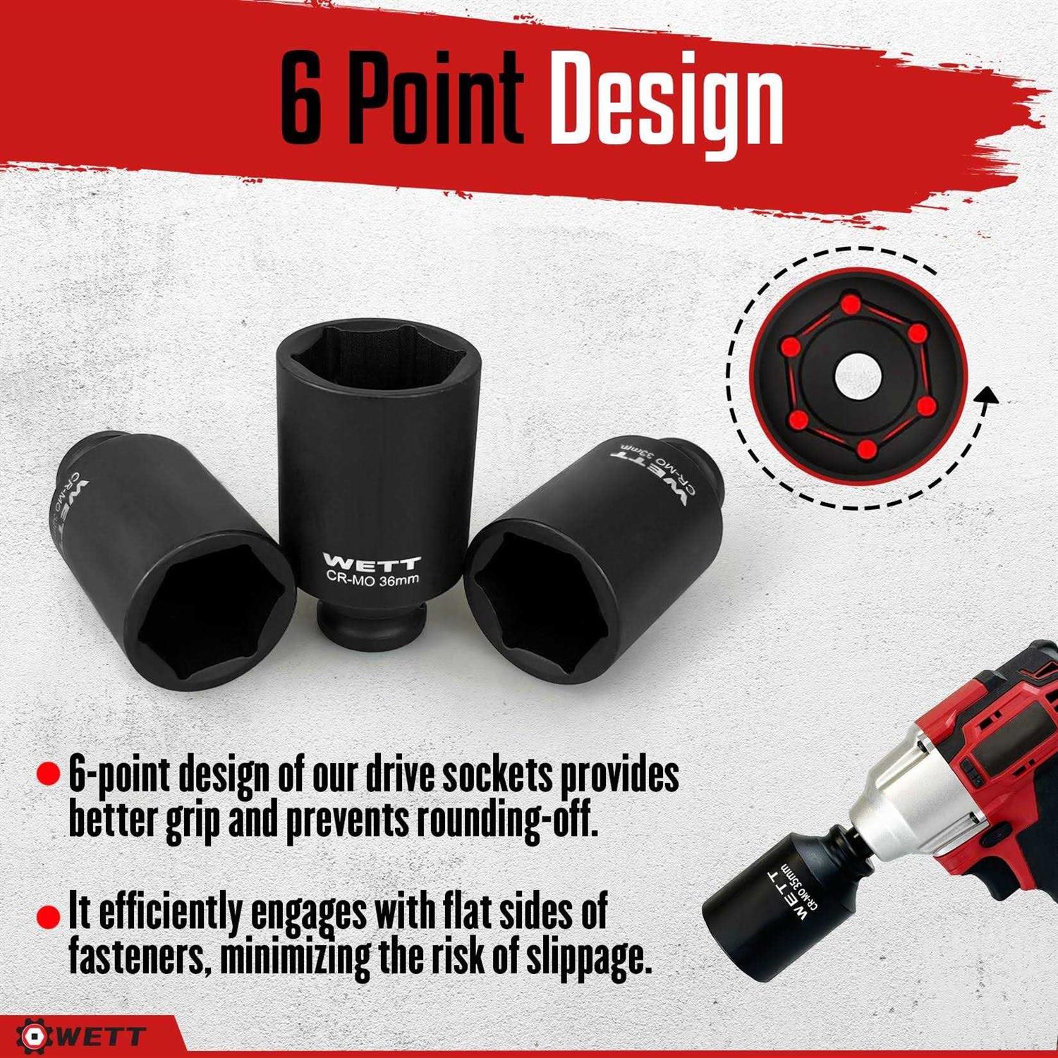 WETT 9Pcs 1/2 Drive Deep 6-Point Impact Socket Set/Spindle Axle Nut Impact Socket Set - Cheap Fitting