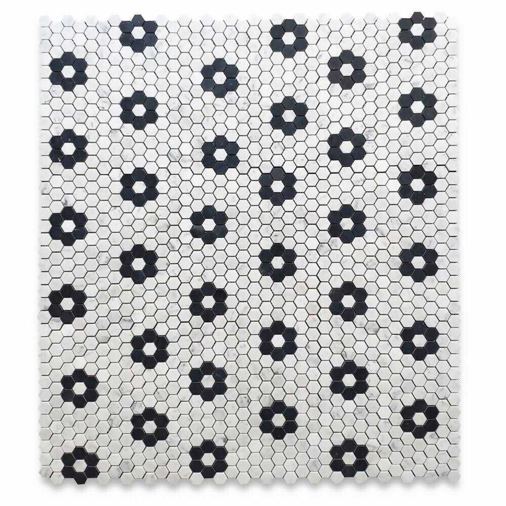 StoneCenterOnline 1 Hexagon Rosette Flower Carrara White Black Marble Mosaic Tile Honed - Cheap Fitting