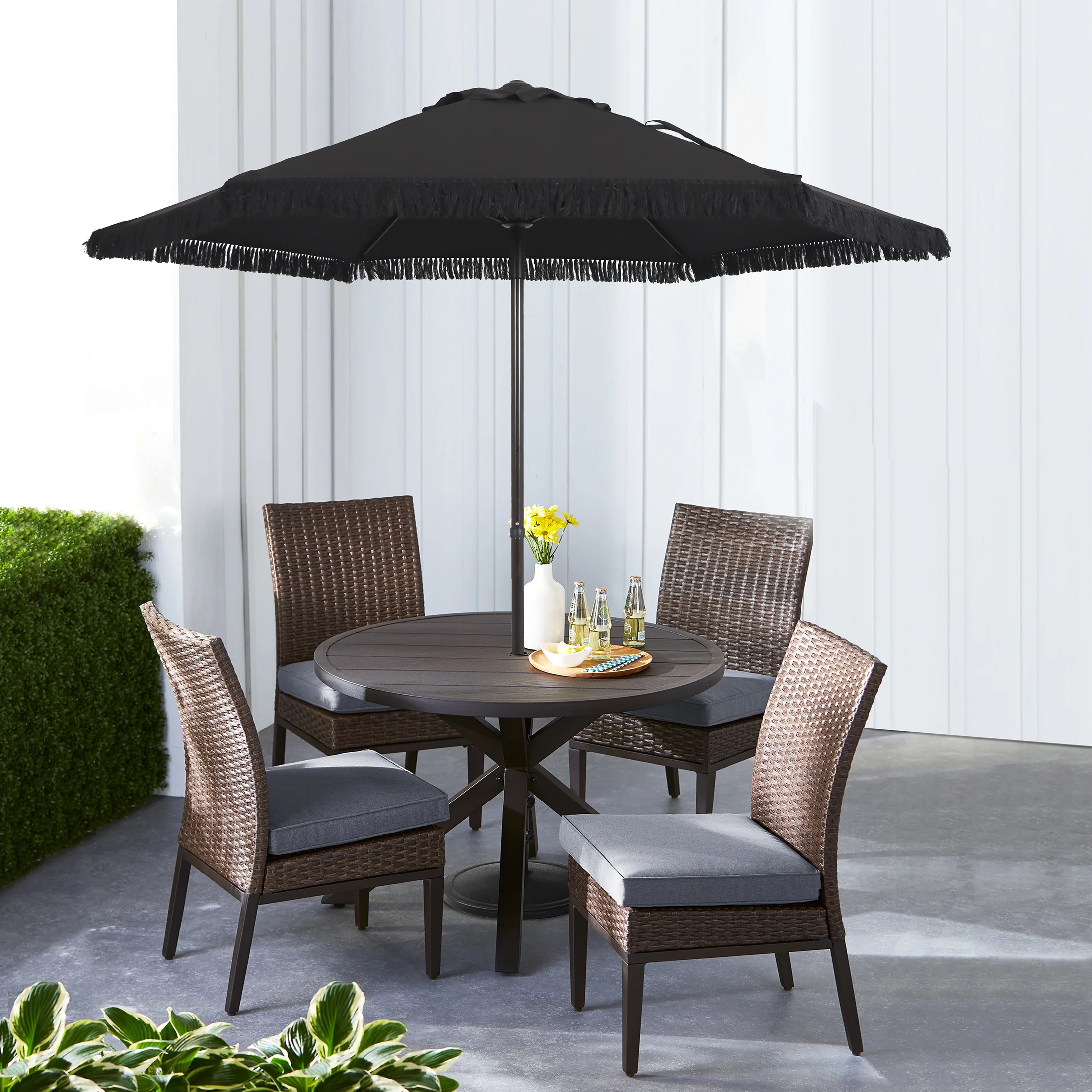Better Homes & Gardens Outdoor 7.5' White Ventura Fringe Round Push-up Premium Patio Umbrella with Black Steel Pole - Cheap Fitting