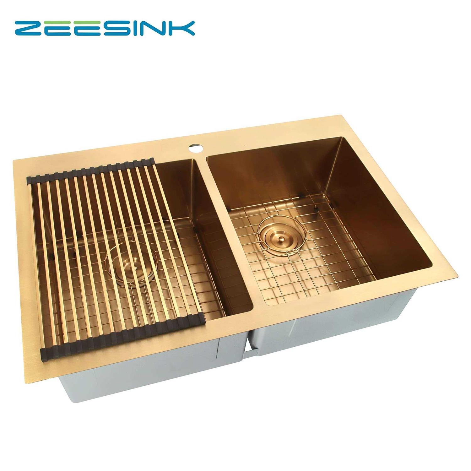 Zeesink Double Bowl Kitchen Sink,Drop in Kitchen Sink 33 X 22 inch,Gold Kitchen Sink,Top Mount Kitchen Sink,16 Gauge Stainless Steel Kitchen Sinks - Cheap Fitting