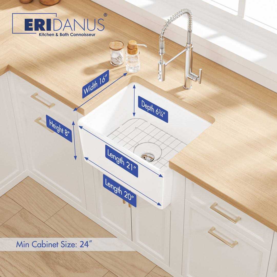 Eridanus Denbigh Crisp White Ceramic 21 in. Single Bowl Farmhouse Apron Kitchen Sink with Bottom Grid and Pop-up Drain ERI-FS-101P - Cheap Fitting