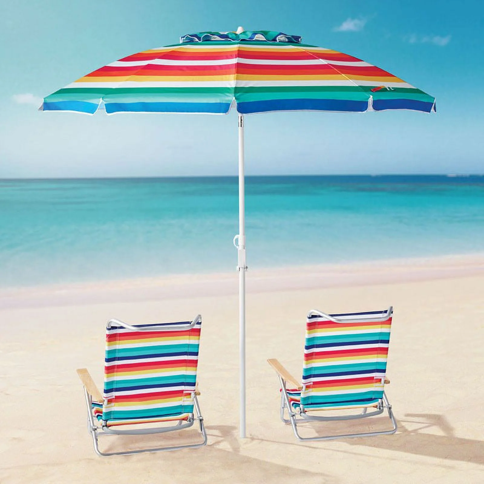 Mainstays 7.5 feet Arc.  and 94 inch High Beach Umbrella with Tilt, Sand Anchor, Multi Color Stripe - Cheap Fitting