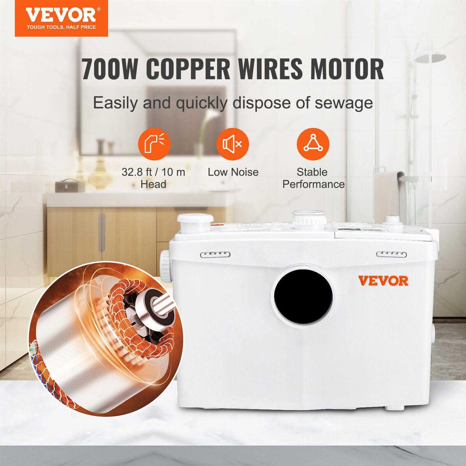 VEVOR Macerator Pump 700W 9600 Lh 32.8 ft Lift 3 Inlets Toilet Sink Shower Upflush MTJ700W10MWC3N55BV1 - Cheap Fitting